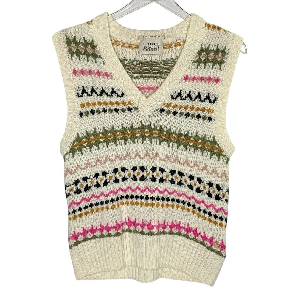 Scotch & Soda Relaxed Fit Fair Isle Knit V Neck Sweater Vest XS Oversized